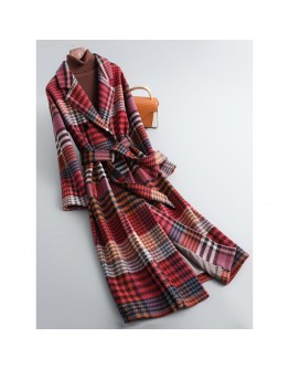  High  Autumn Winter Plaid Woolen Coat Women Elegant Vintage Sashes Long  Jacket Wool Coat Ladies Plus Size Parka