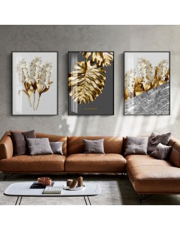 Nordic Golden abstract leaf flower Wall Art Canvas Painting Black white feathers Poster Print Wall Picture for Living Room Decor