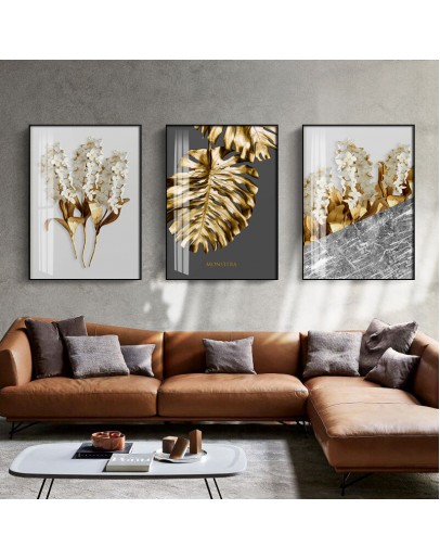 Nordic Golden abstract leaf flower Wall Art Canvas Painting Black white feathers Poster Print Wall Picture for Living Room Decor