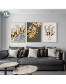 Nordic Golden abstract leaf flower Wall Art Canvas Painting Black white feathers Poster Print Wall Picture for Living Room Decor