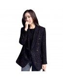  Ladies Tweed Woolen Blazer Coat Double Breasted Elegant Female Black Blended Wool Spring Autumn Women Jacket Outerwear