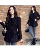  Ladies Tweed Woolen Blazer Coat Double Breasted Elegant Female Black Blended Wool Spring Autumn Women Jacket Outerwear