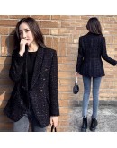  Ladies Tweed Woolen Blazer Coat Double Breasted Elegant Female Black Blended Wool Spring Autumn Women Jacket Outerwear