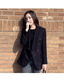  Ladies Tweed Woolen Blazer Coat Double Breasted Elegant Female Black Blended Wool Spring Autumn Women Jacket Outerwear