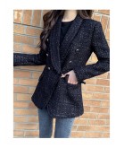  Ladies Tweed Woolen Blazer Coat Double Breasted Elegant Female Black Blended Wool Spring Autumn Women Jacket Outerwear