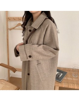  Autumn Winter Woolen Coat Women   Clothes Loose Herringbone Jacket Parka Long Wool Coat Vintage Abrigos Mujer