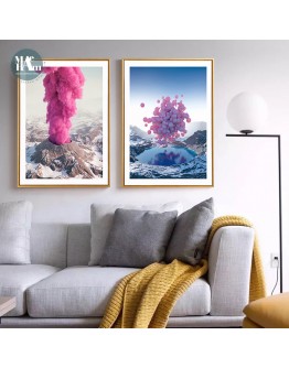 Nordic Canvas Painting Pink Balloon volcano blue smoke Prints Art Posters Prints Landscape Art Wall Picture Living Room Decor