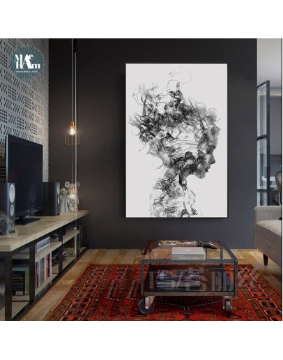 Hand Painted Abstract smoke figures line wall art Canvas Painting Prints Black white Posters for Living Room Minimalist Decor