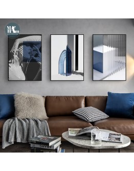 Modern Abstract Geometric Space black white Wall Poster Print Blue figures Canvas Painting Art pictures Living Room Home Decor