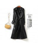 Autumn  Black Women PU Leather Long Jackets Elegant Faux Leather Windbreaker Coat Moto Biker Jacket with Belt Plus Size