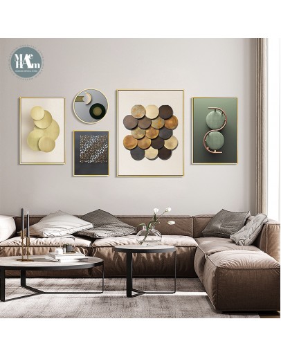 Geometric line round gold leaf wall art Canvas HD Prints Posters Abstract Wall Pictures for living room Morden decor Nordic