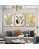 Golden feather leaves Wall art canvas painting Wall Pictures for Living Room Nordic Abstract Decoration Pictures morden decor