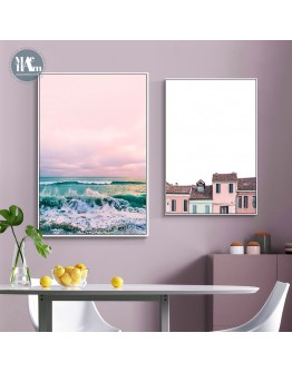 Nordic Pink Sea sunset wall art Canvas posters Painting Prints Figures Landscape Picture for Living Room Morden art Home Decor