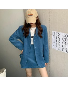 Matching Set Blazer Skirts Women England style Spring Autumn Loose Corduroy Blazer Feminino Femme Short Mini Skirt Two Piece Set