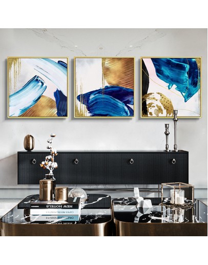 Nordic gold foil watercolor light  blue abstract golden Poster dinner room Wall Art Pictures on Canvas Living Room Decor