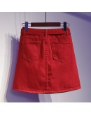 Plus Size 5XL  Short Mini Denim Skirt Women Summer High Waisted Red Black Jeans Skirt Female Belted Skirts Mujer Faldas