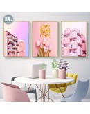 Nordic Pink flowers wall art Canvas Painting posters Prints Building Landscape wall Pictures for Living Room Morden Home Decor