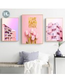 Nordic Pink flowers wall art Canvas Painting posters Prints Building Landscape wall Pictures for Living Room Morden Home Decor