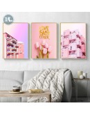 Nordic Pink flowers wall art Canvas Painting posters Prints Building Landscape wall Pictures for Living Room Morden Home Decor