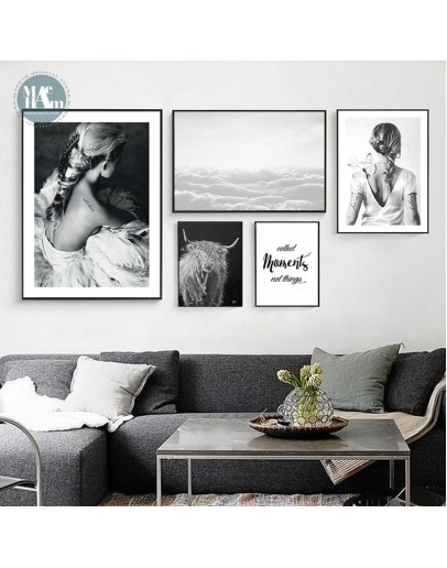 Black and White pography girl wall art Canvas posters Painting Prints Nordic animals Pictures for Living Room Morden Decor