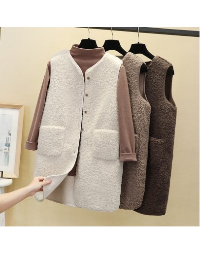 Women Long Vest Tops Sleeveless Winter Coat Gilet Femme   Jackets Faux Lamb Wool Thicken Chaleco Mujer Outerwear